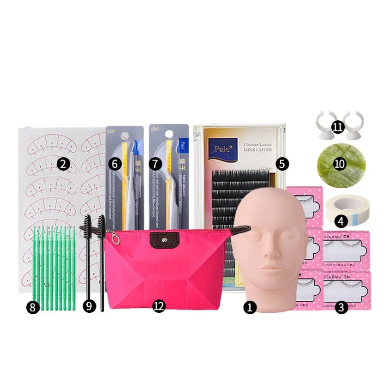 Training for beginners and beginners on eyelash grafting kit, including eyelash implantation, artificial head tools, and eyelash salon grafting practice